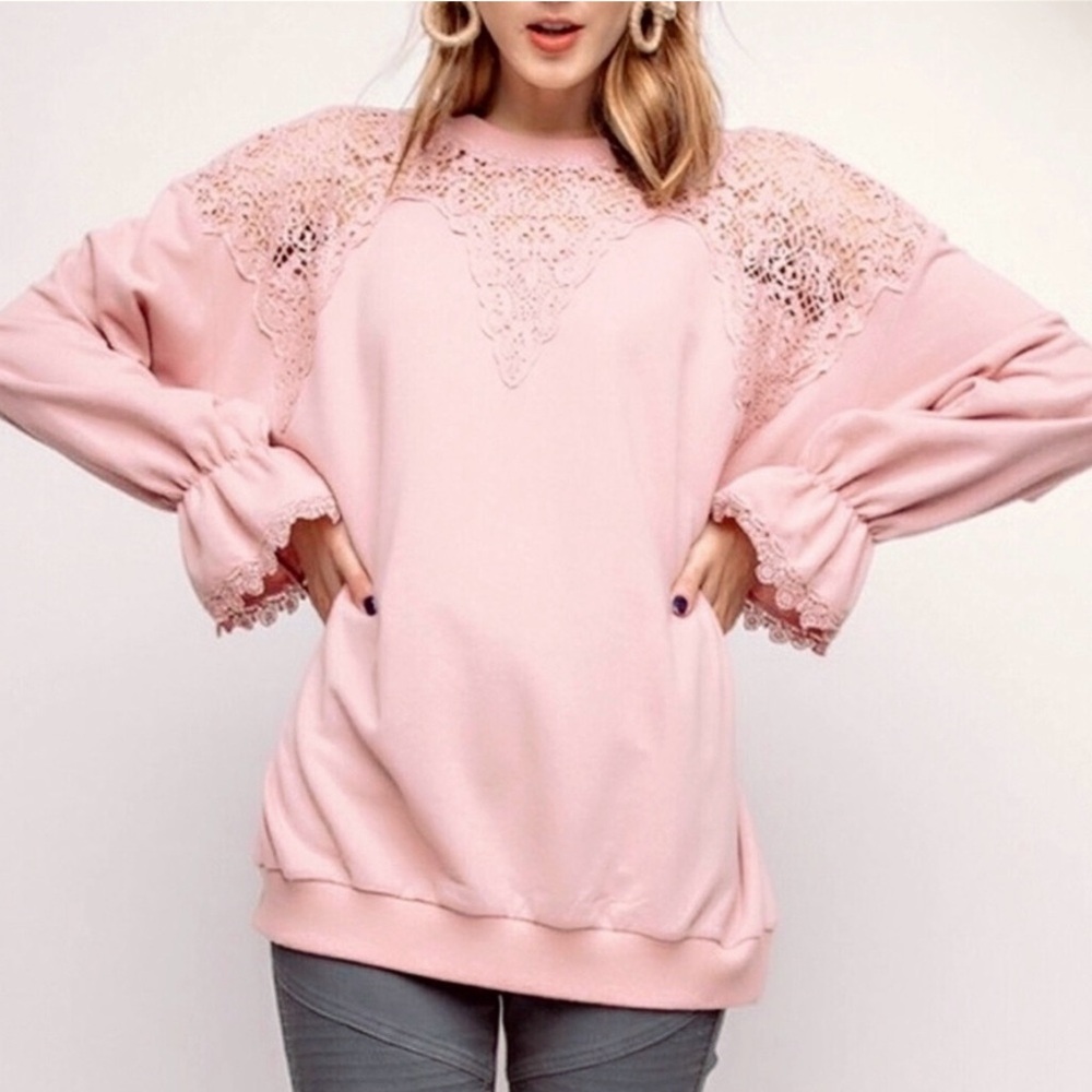 Easel Mauve Crocheted Lace Neckline French Terry Pullover Top Womens Sizes NWT